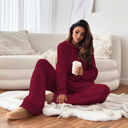 Hooded Knitted Lounge Set | Autumn Winter Two-Piece Outfit