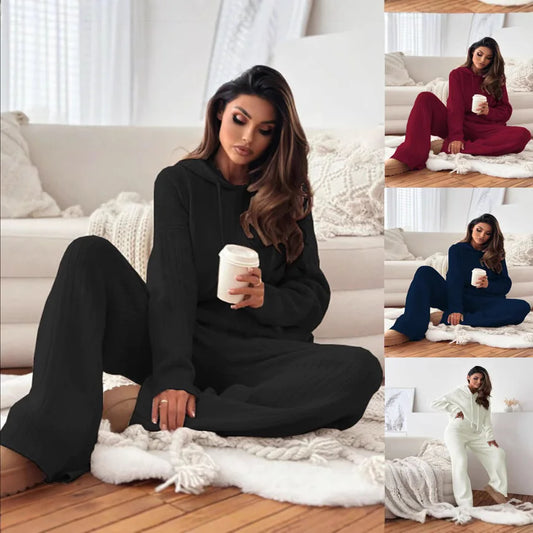 Hooded Knitted Lounge Set | Autumn Winter Two-Piece Outfit