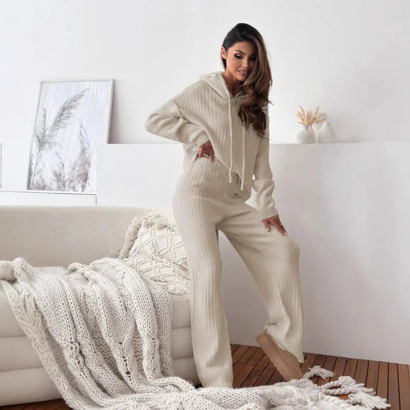 Hooded Knitted Lounge Set | Autumn Winter Two-Piece Outfit