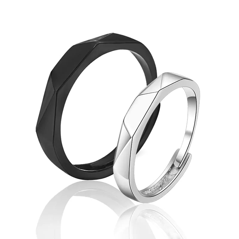 Black and White Diamond Couple Rings - Simple Silver Design